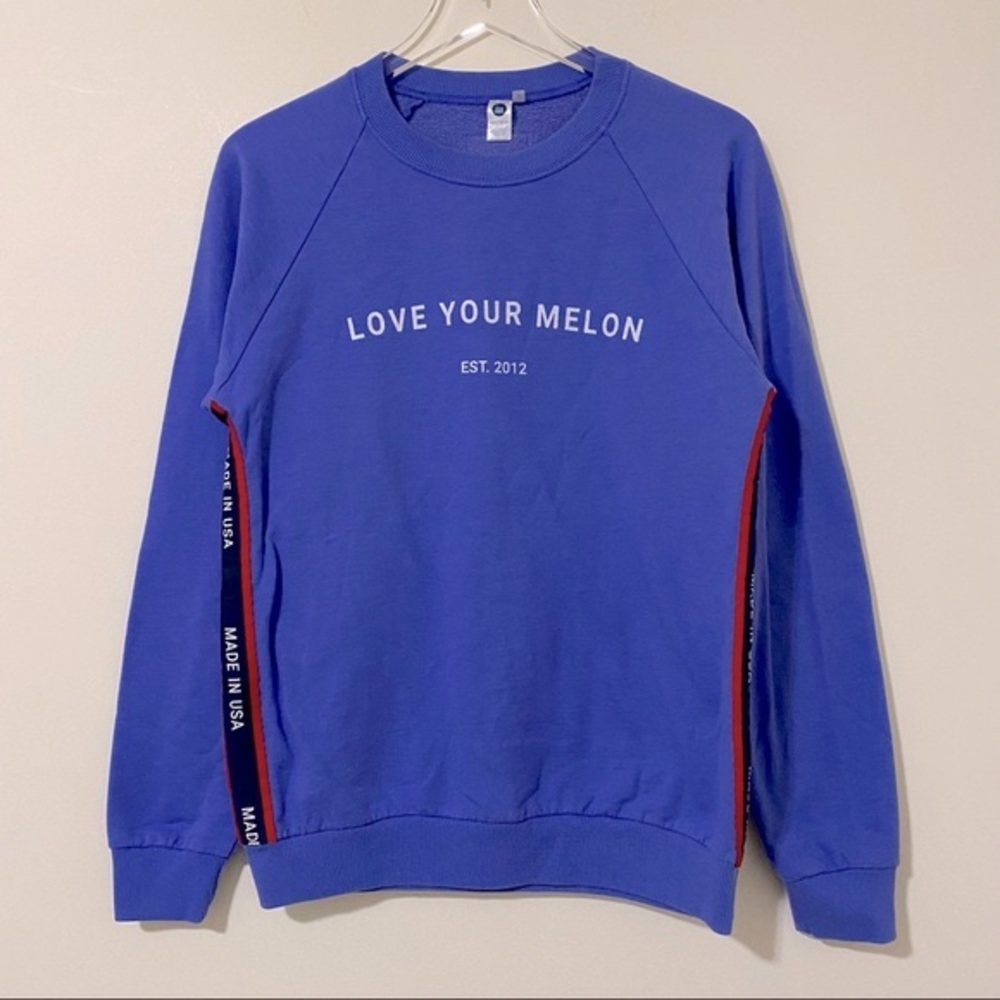 LYM Love Your Melon Made in USA Spell Out Crew Neck Sweatshirt in Blue Small